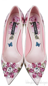 Jeweled Floral Print Leather Heels
