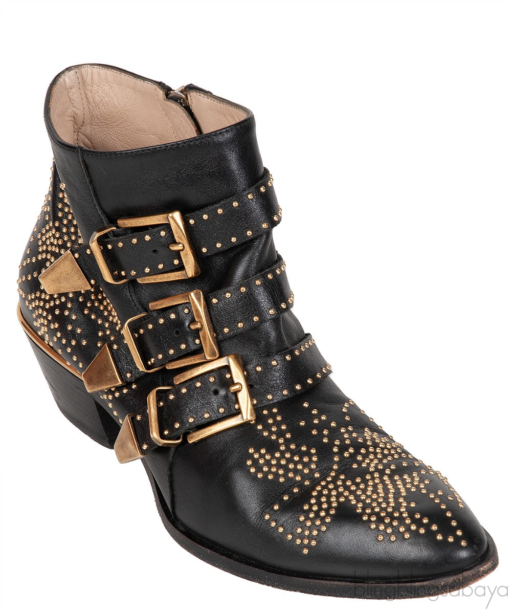 Black Leather Metal Beads Strappy Boots