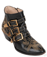 Black Leather Metal Beads Strappy Boots