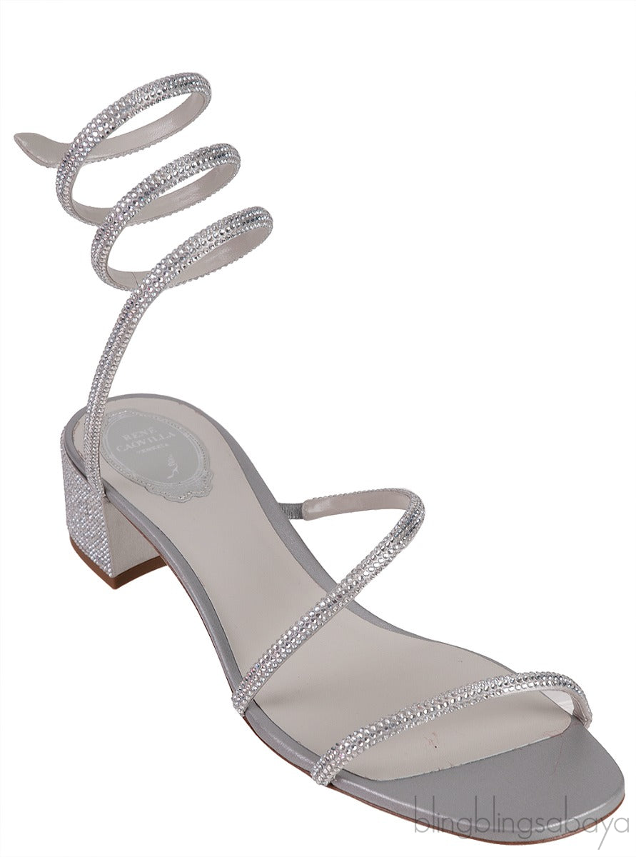 Silver Crystal Embellished Mid-Heel Sandals