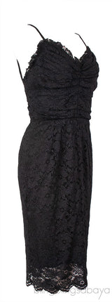 Gathered Front Black Lace Mini Dress