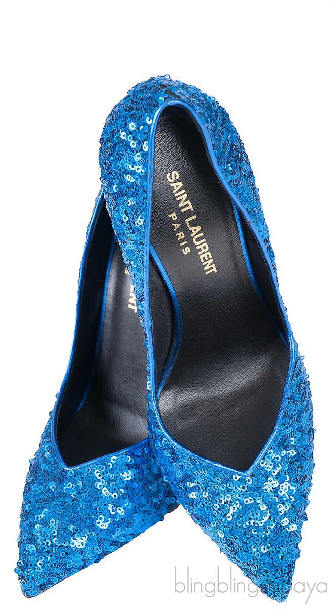 Blue Sequined Pointed Toe Heels