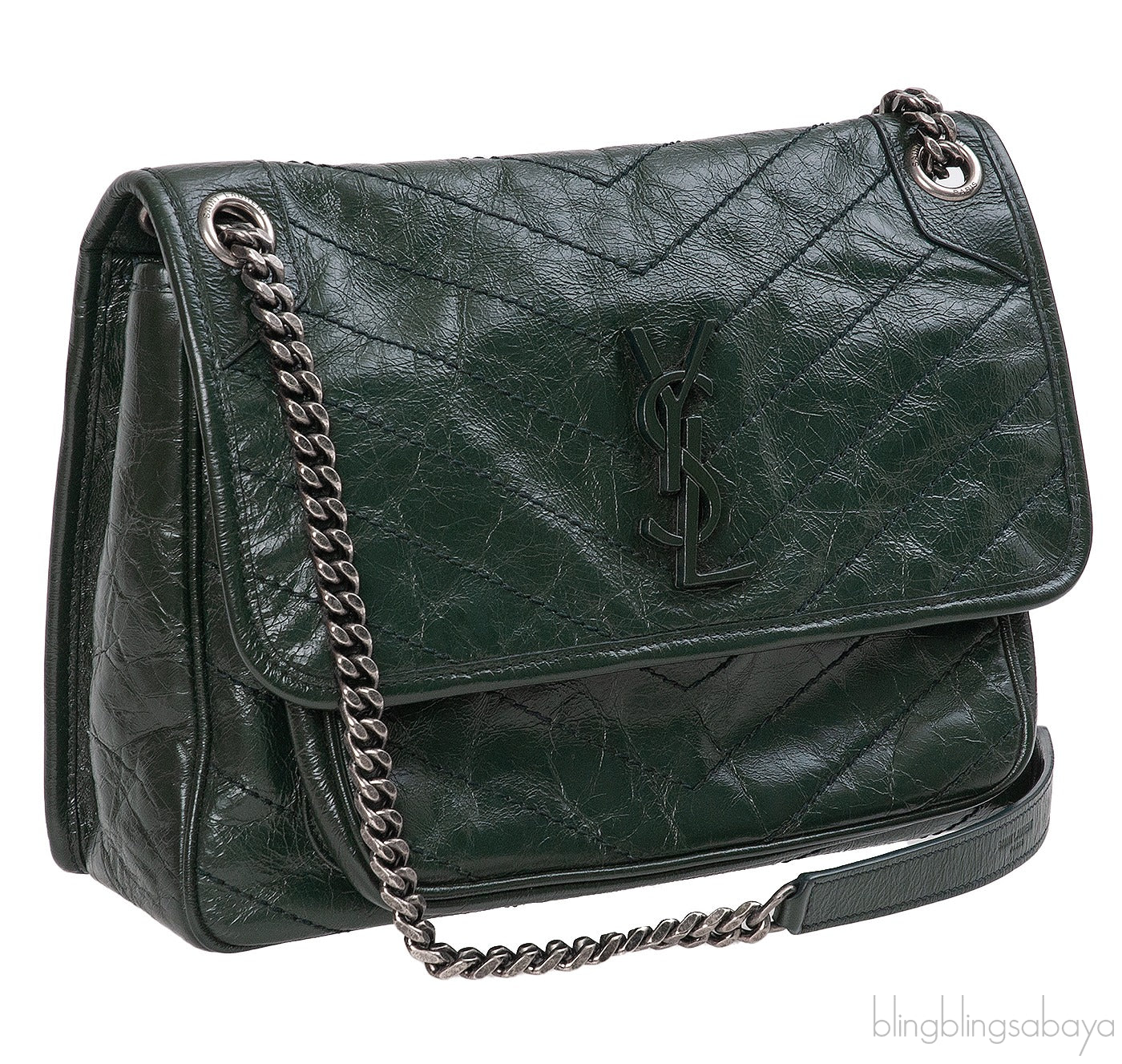 Yves Saint Laurent  Nikki Forest Green Medium Crinkled Leather Shoulder Bag