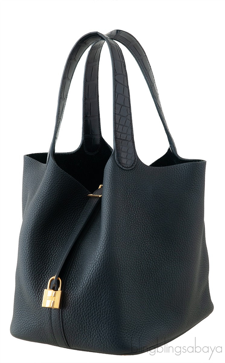 Hermes Picotin 22 Touch Black Matte Crocodile Handle Bag