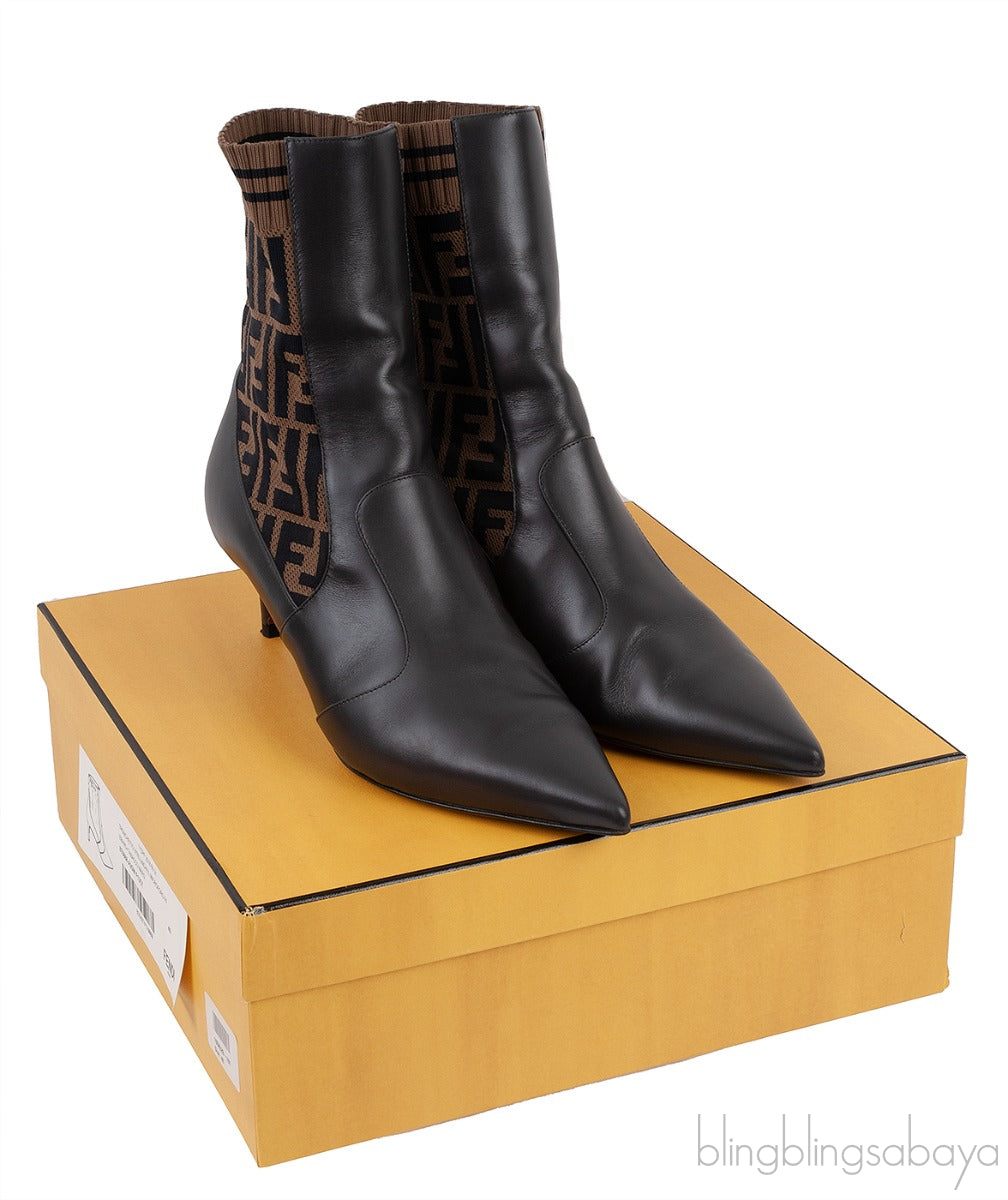 FF Brown Monogram Zucca Logo Print Kitten Boots