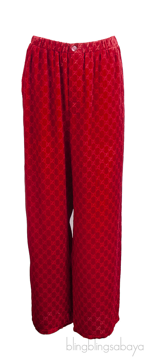 Gucci Red GG Devore Velvet Shirt & Wide Leg Trouser