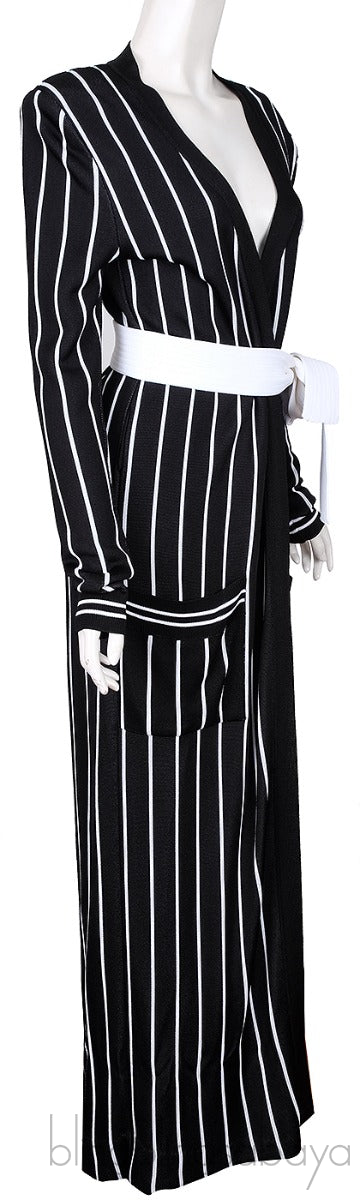 Black Stripe Knit Stretch Cardigan Robe