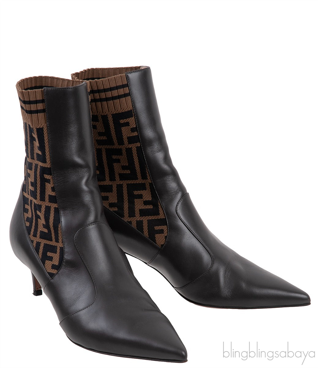 FF Brown Monogram Zucca Logo Print Kitten Boots