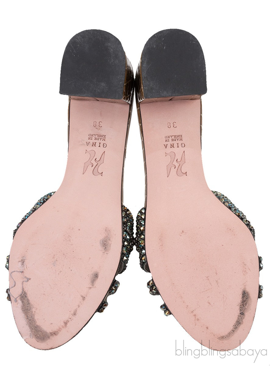 Moss Green Croc Embossed Crystal Heeled Sandals