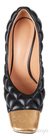 Bottega Veneta Black Quilted Leather Gold Cap Toe Heels