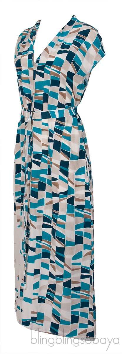 Blue Multicolor Print Belted Dress