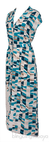 Blue Multicolor Print Belted Dress