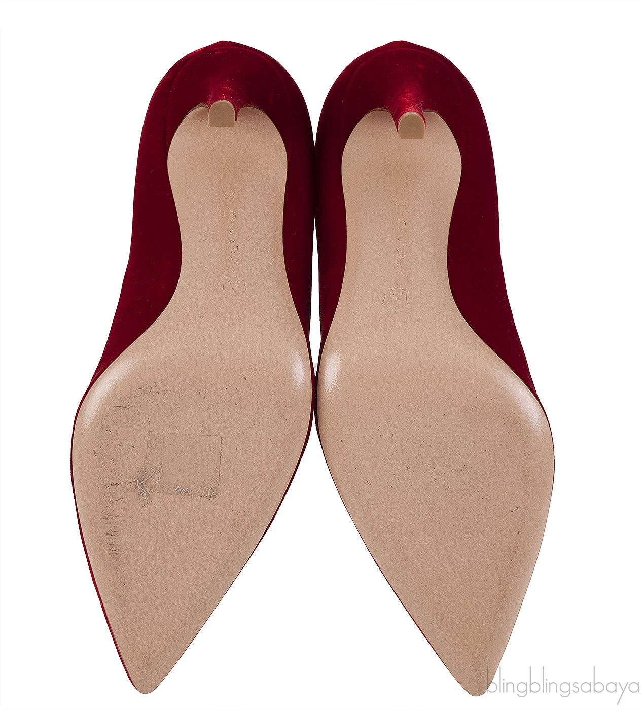 Red velvet pointed toe heels