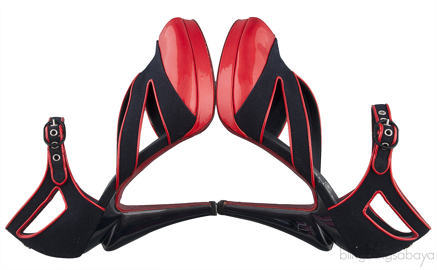 Blue Red Trim Leather Heels