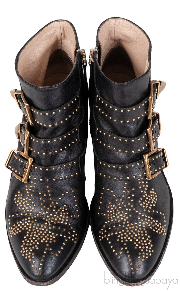 Black Leather Metal Beads Strappy Boots