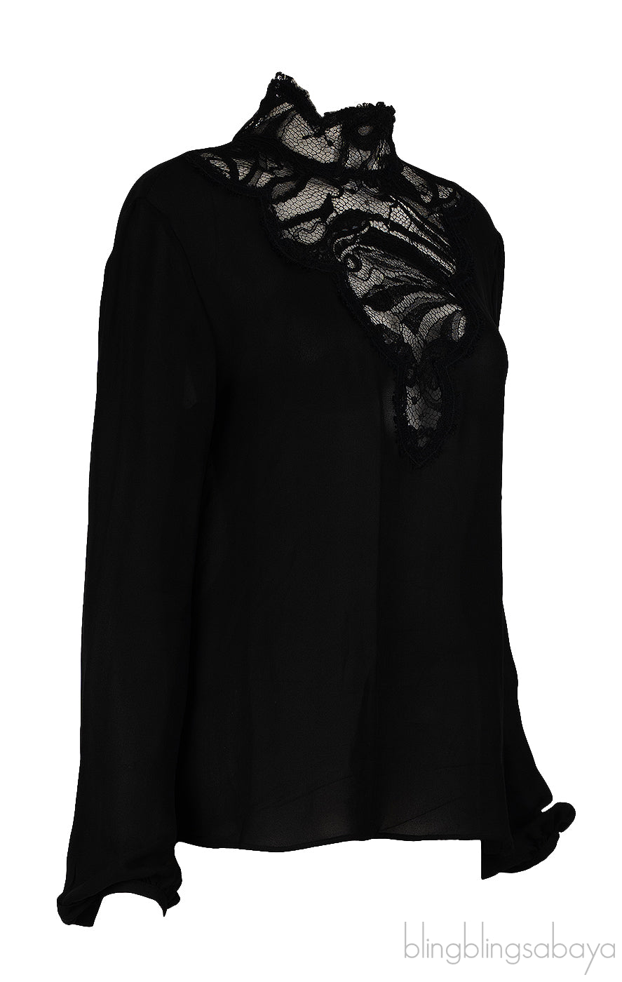 Emilio Pucci Black Silk Lace Trim Shirt & Black Lace Maxi Skirt M