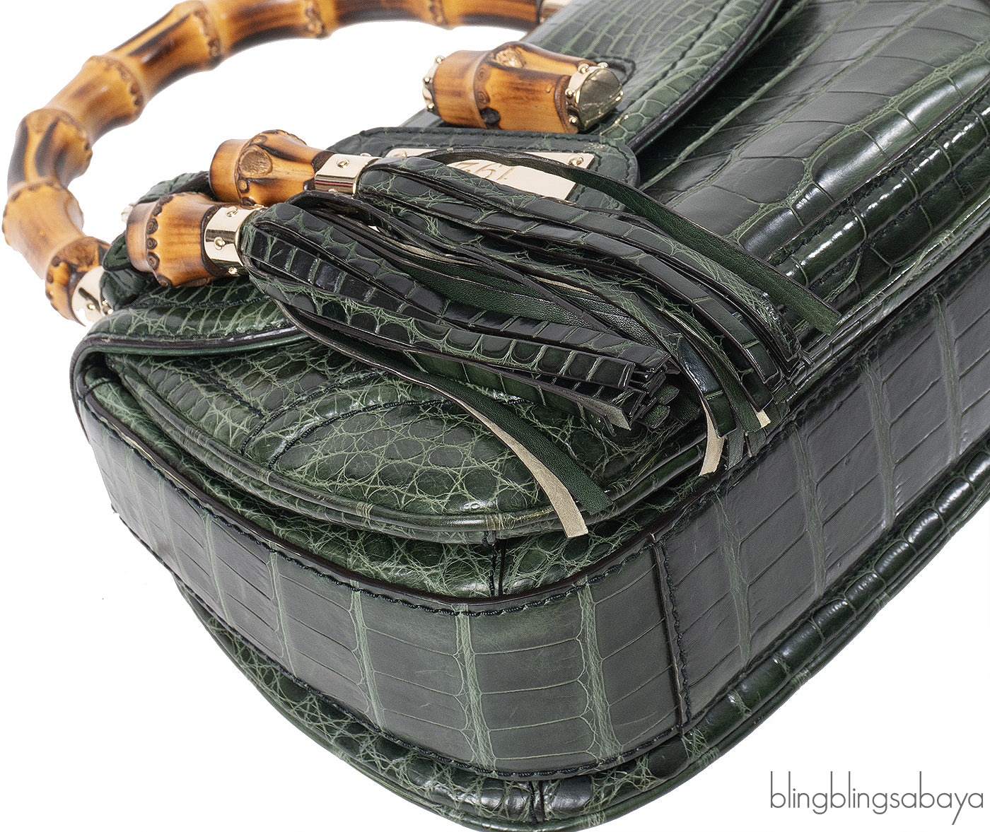 Gucci Forest Green Medium Crocodile Bamboo Top Handle Bag