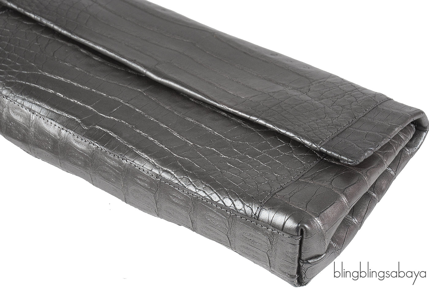 Nancy Gonzalez Grey Fold-Over Crocodile Clutch