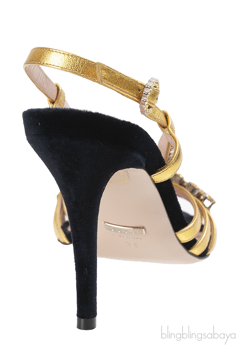 Black/Gold Velvet Nappa Crystal Zephyra Slingback Heels