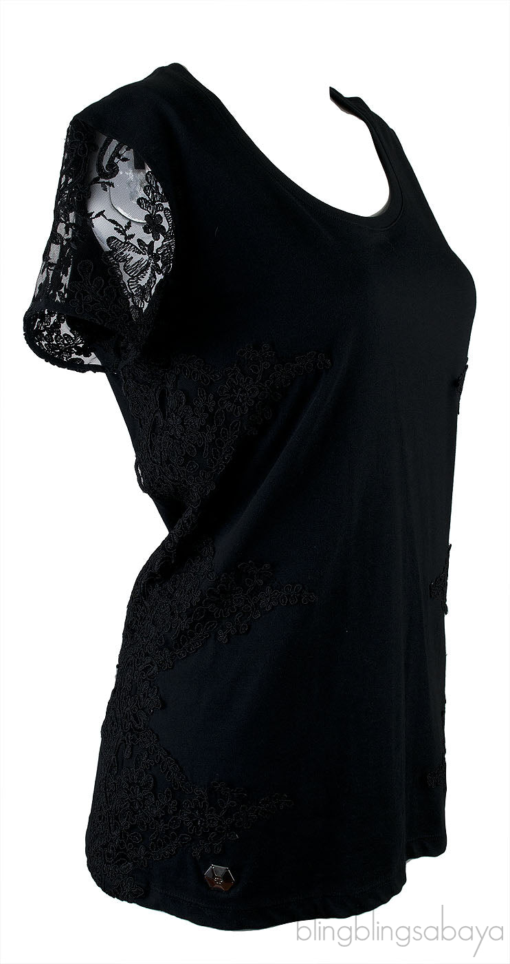 Black Cotton Embroidered T-shirt