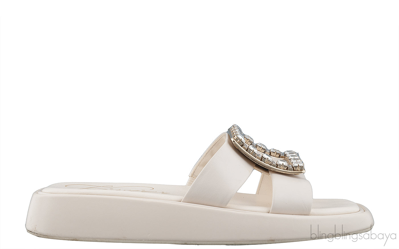 Slide Crystal Buckle Off-white Leather Mule