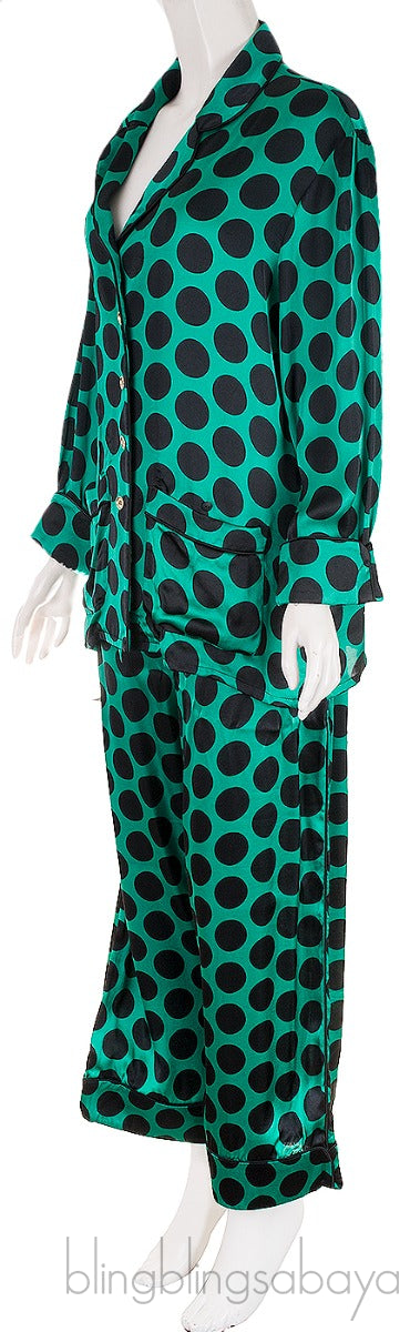 Green Polka-dot Satin Shirt & Pants