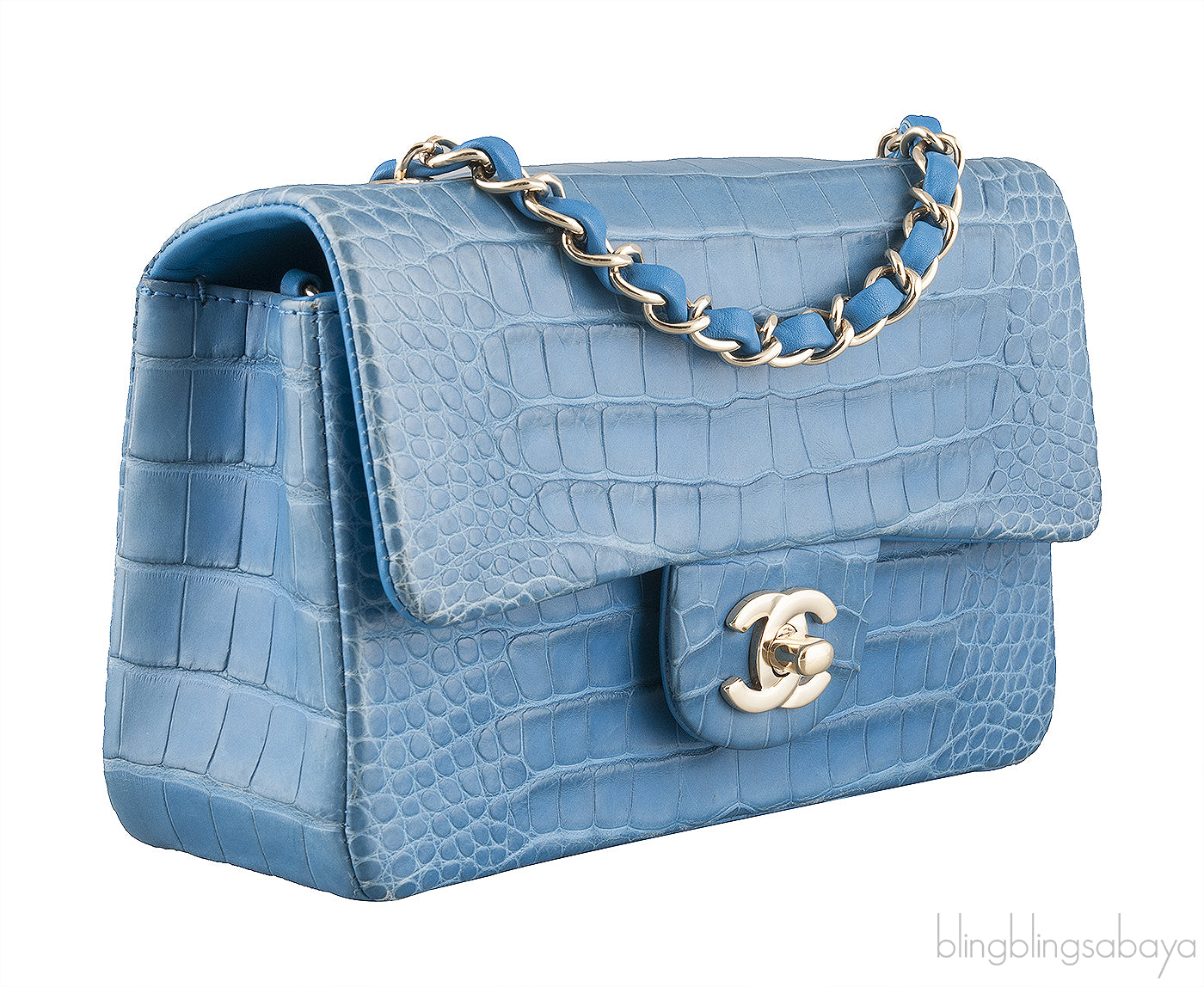 Light Blue Croc Mini Single Flap GHW