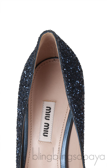 Blue Glitter Argento Pointed Toe Crystal Embellished Heels