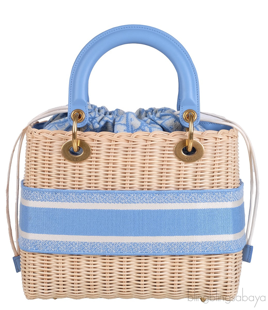 Lady Dior Natural Wicker & Light Blue Dior Oblique Jacquard Medium
