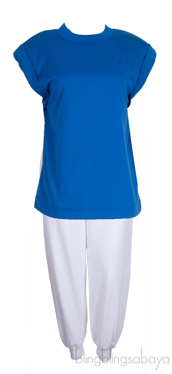 Blue Padded Shoulder Top & White Jogger