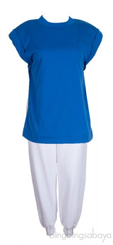 Blue Padded Shoulder Top & White Jogger