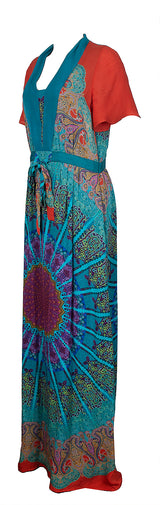 Etro Teal Blue Paisley Print Multicolor Maxi Dress