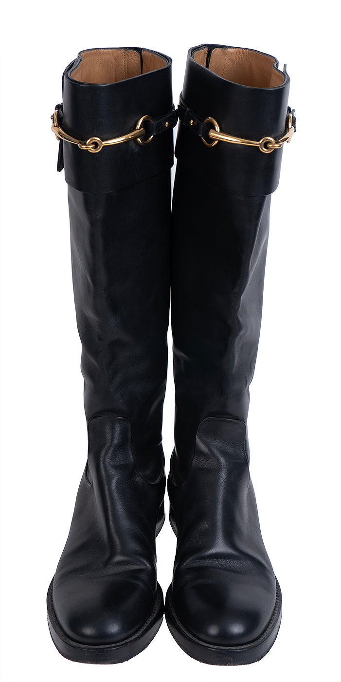 Gucci Horsebit Accent Black Leather Knee High Boots 39.5