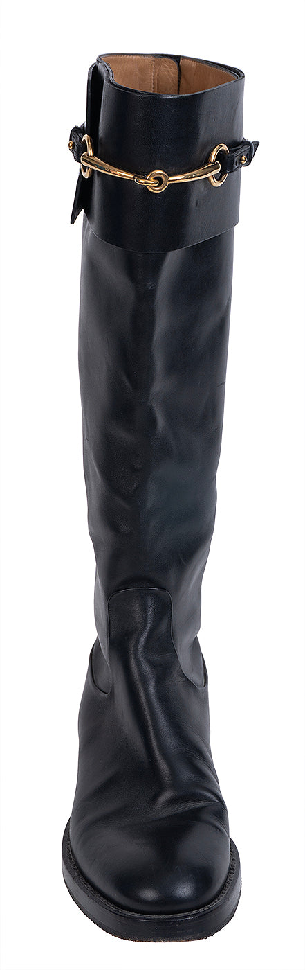 Gucci Horsebit Accent Black Leather Knee High Boots 39.5