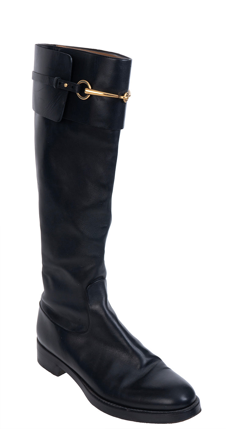 Gucci Horsebit Accent Black Leather Knee High Boots 39.5