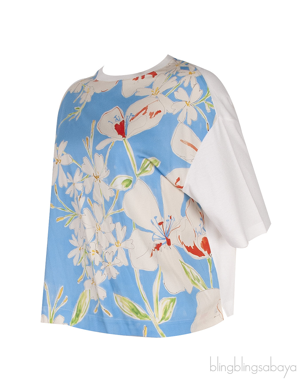 Light Blue Floral White Printed T-shirt