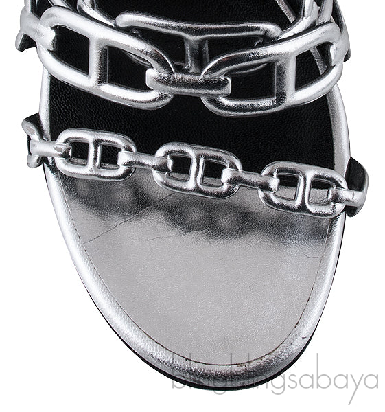 Chain Silver Leather Block Heels