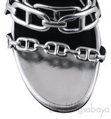 Chain Silver Leather Block Heels
