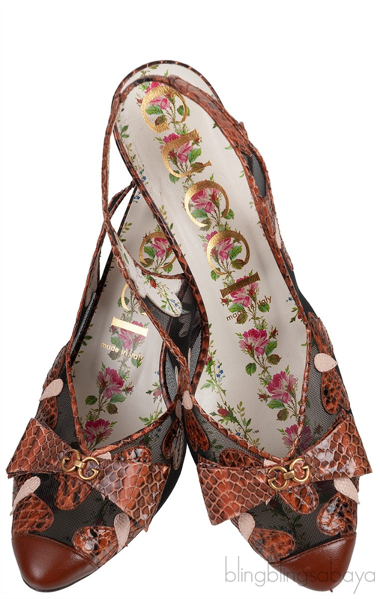 Gucci Malaga Kid Elaphe Lizard Butterflies Mid-Heel Slingback