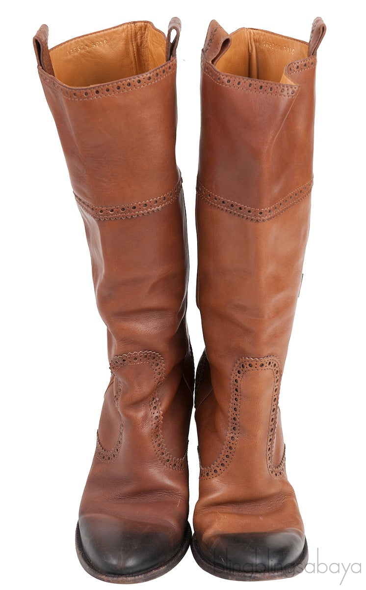 Brown Brogue Perforated High Boots