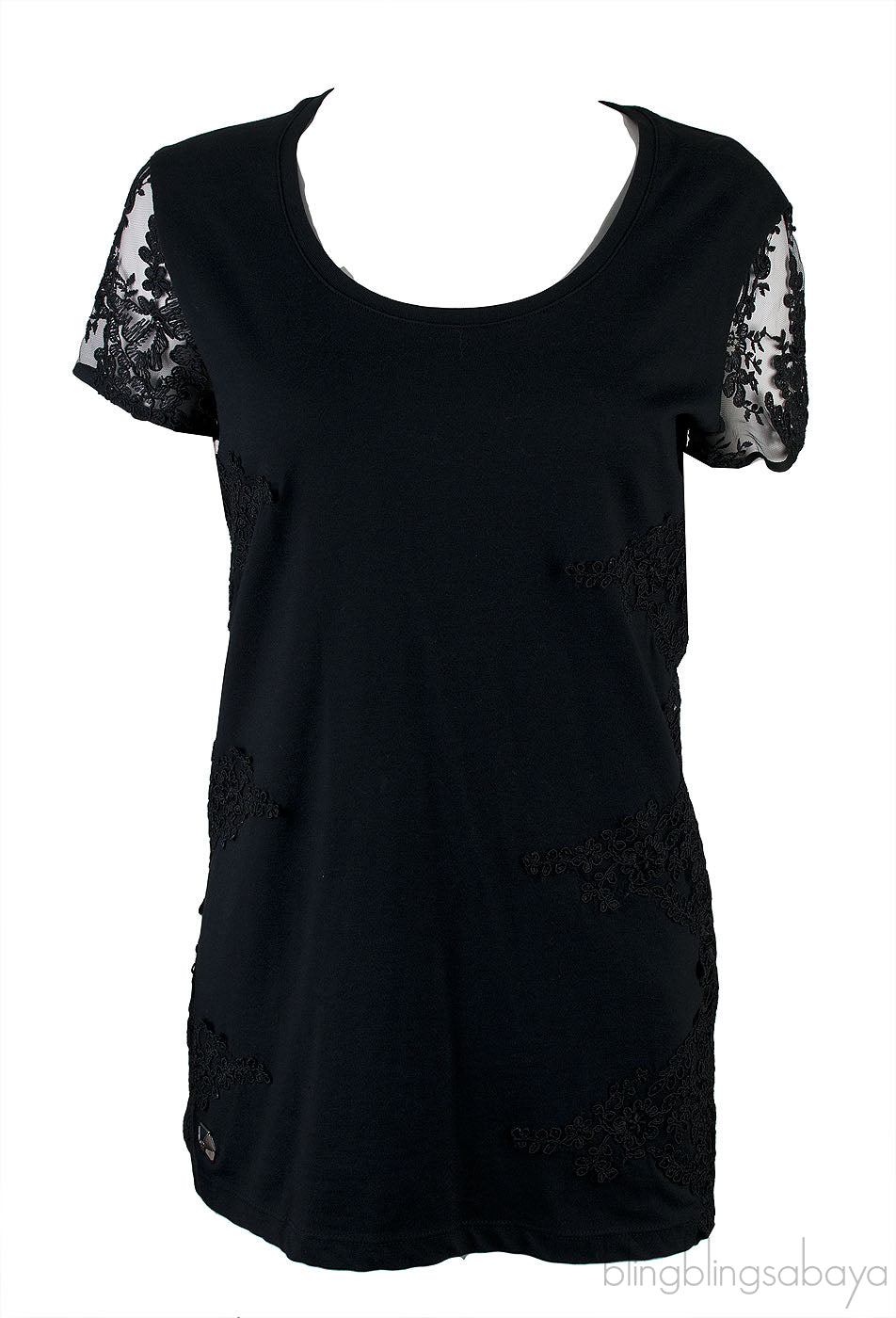 Black Cotton Embroidered T-shirt