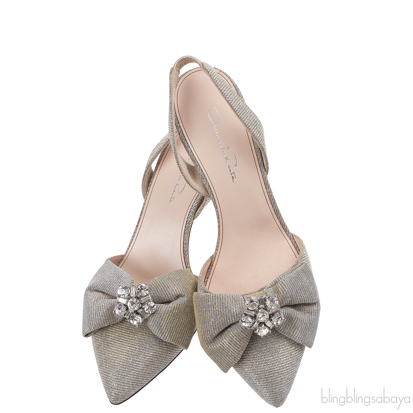Oscar dela Renta Silver Gold Bow Slingback Heels