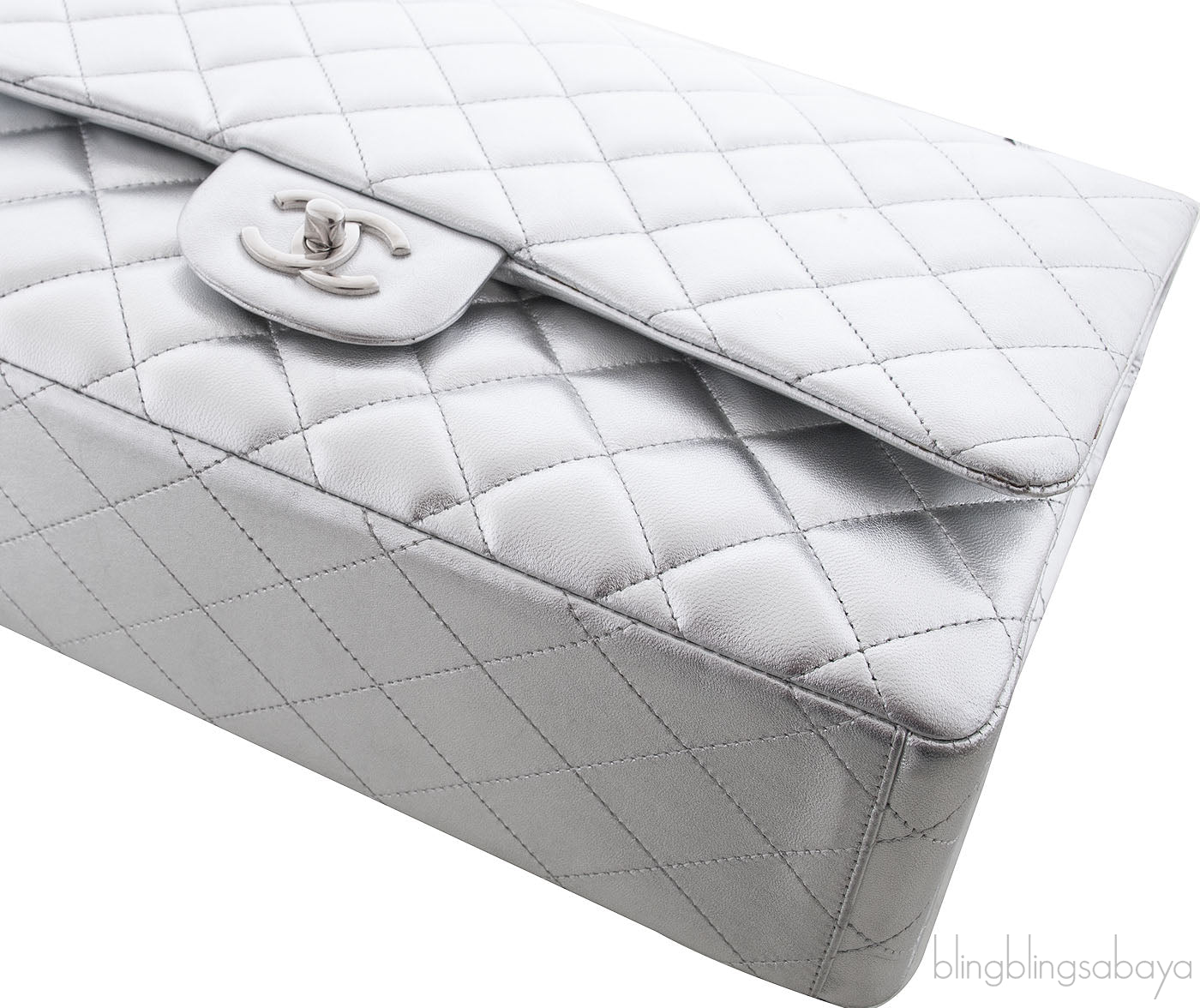 Metallic Silver Quilted Maxi Flap Bag
