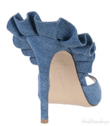Andrea Wazen Blue Denim Rouches 105 Ruffled Mule Sandals