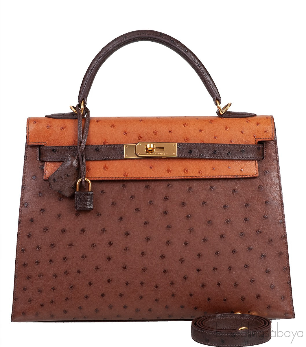 Hermes Kelly 32 Chocolate Natural and Dark Brown Ostrich GHW