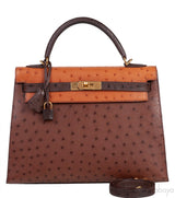 Hermes Kelly 32 Chocolate Natural and Dark Brown Ostrich GHW