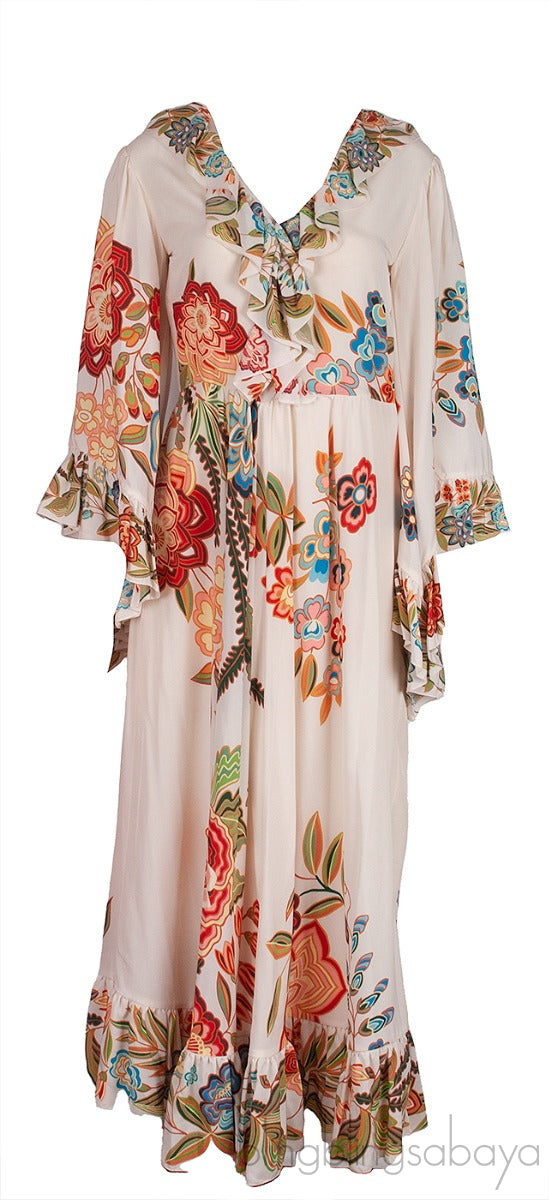 Flared Wide Sleeves Ruffle Trim Maxi Dress