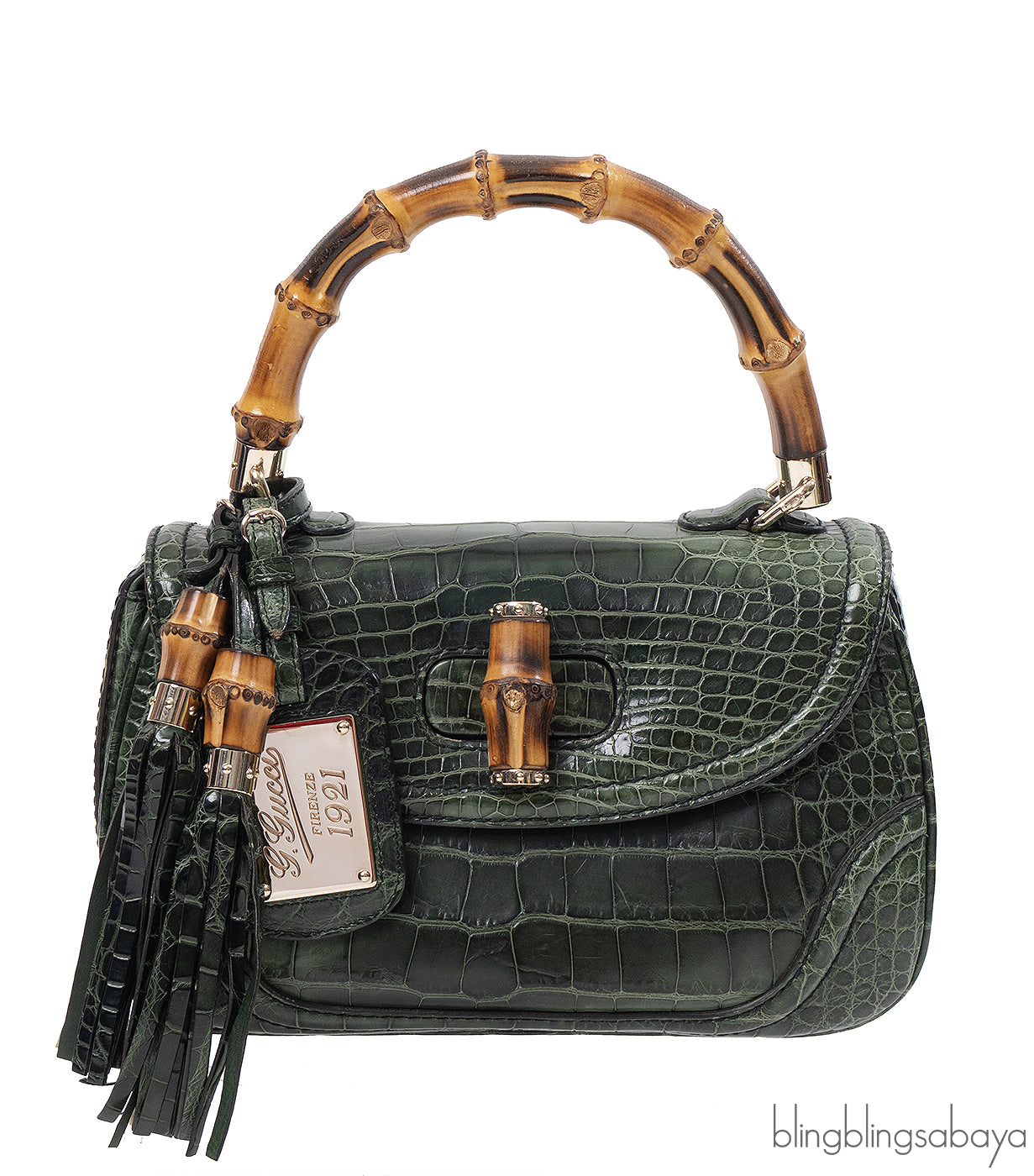 Gucci Forest Green Medium Crocodile Bamboo Top Handle Bag