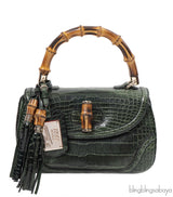 Gucci Forest Green Medium Crocodile Bamboo Top Handle Bag