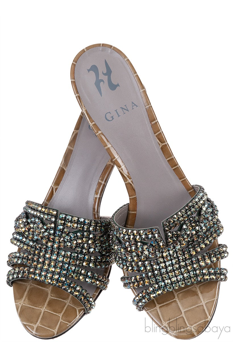 Moss Green Croc Embossed Crystal Heeled Sandals